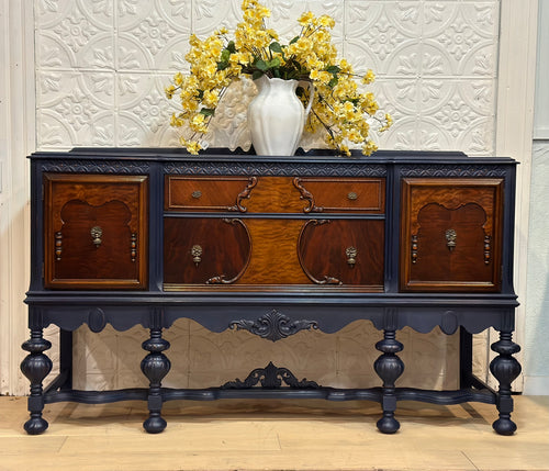 Antique Navy Blue Jacobean Sideboard Buffet