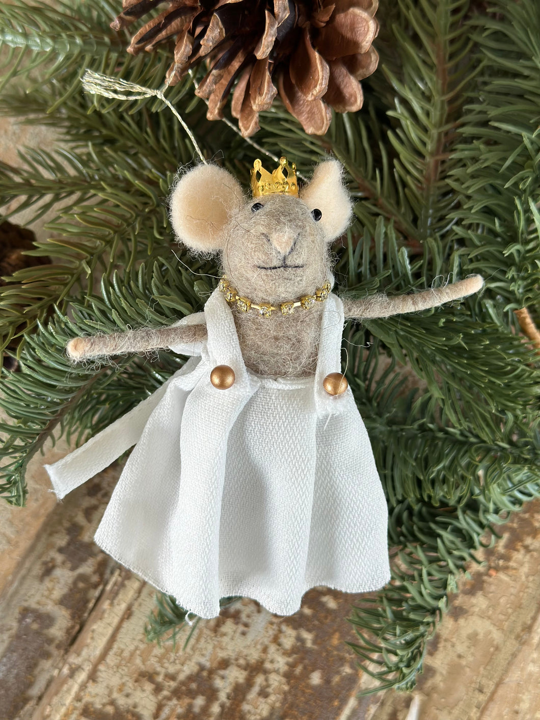 Wool Felt Mouse White Dress with Crown