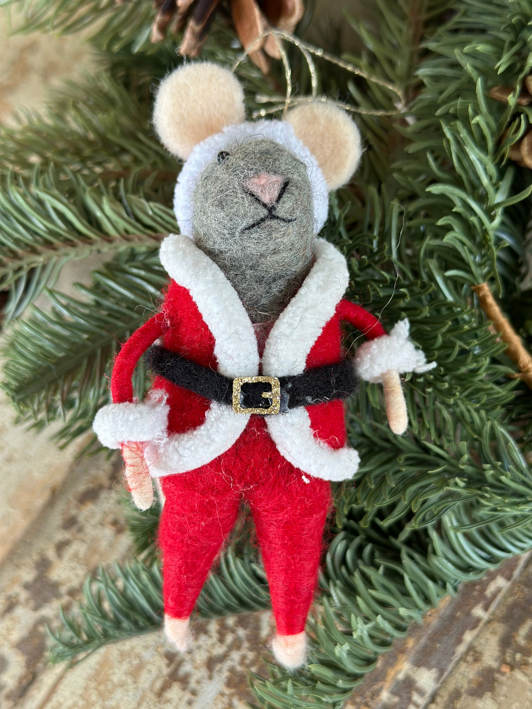 Wool Felt Mouse in Santa Suit