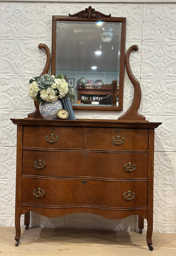 Antique Oak Serpentine Dresser with Mirror