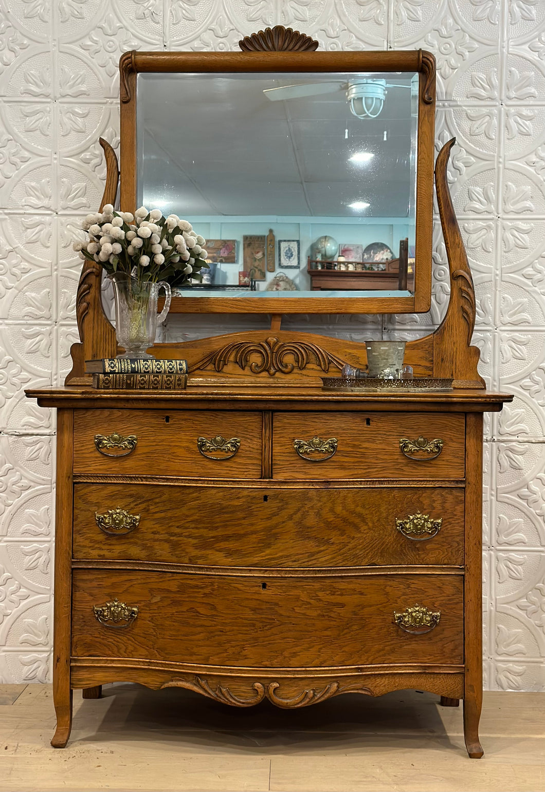 Antique Curved Oak Dresser with mirror