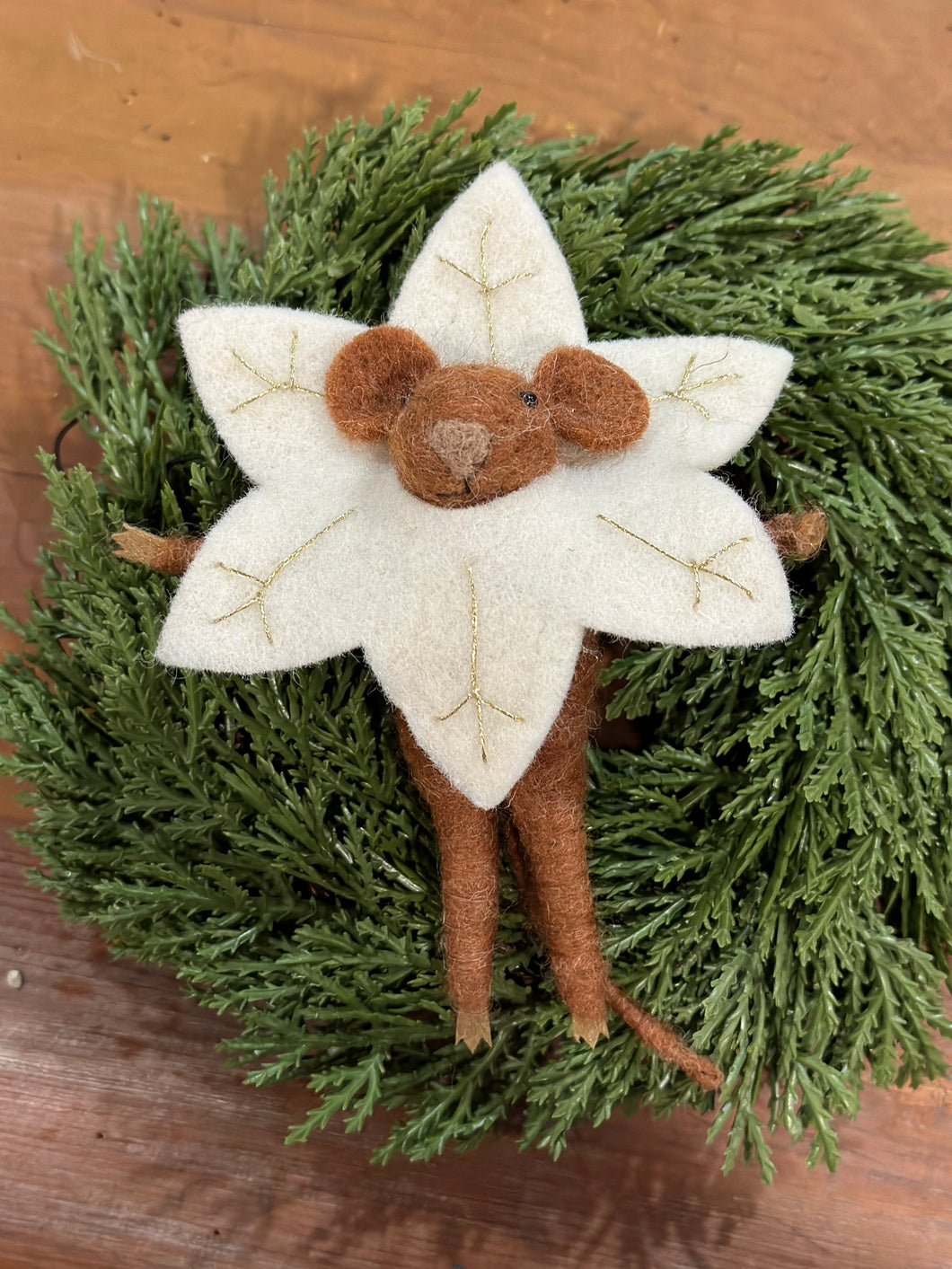 Wool felt Brown Mouse with Poinsettia collar