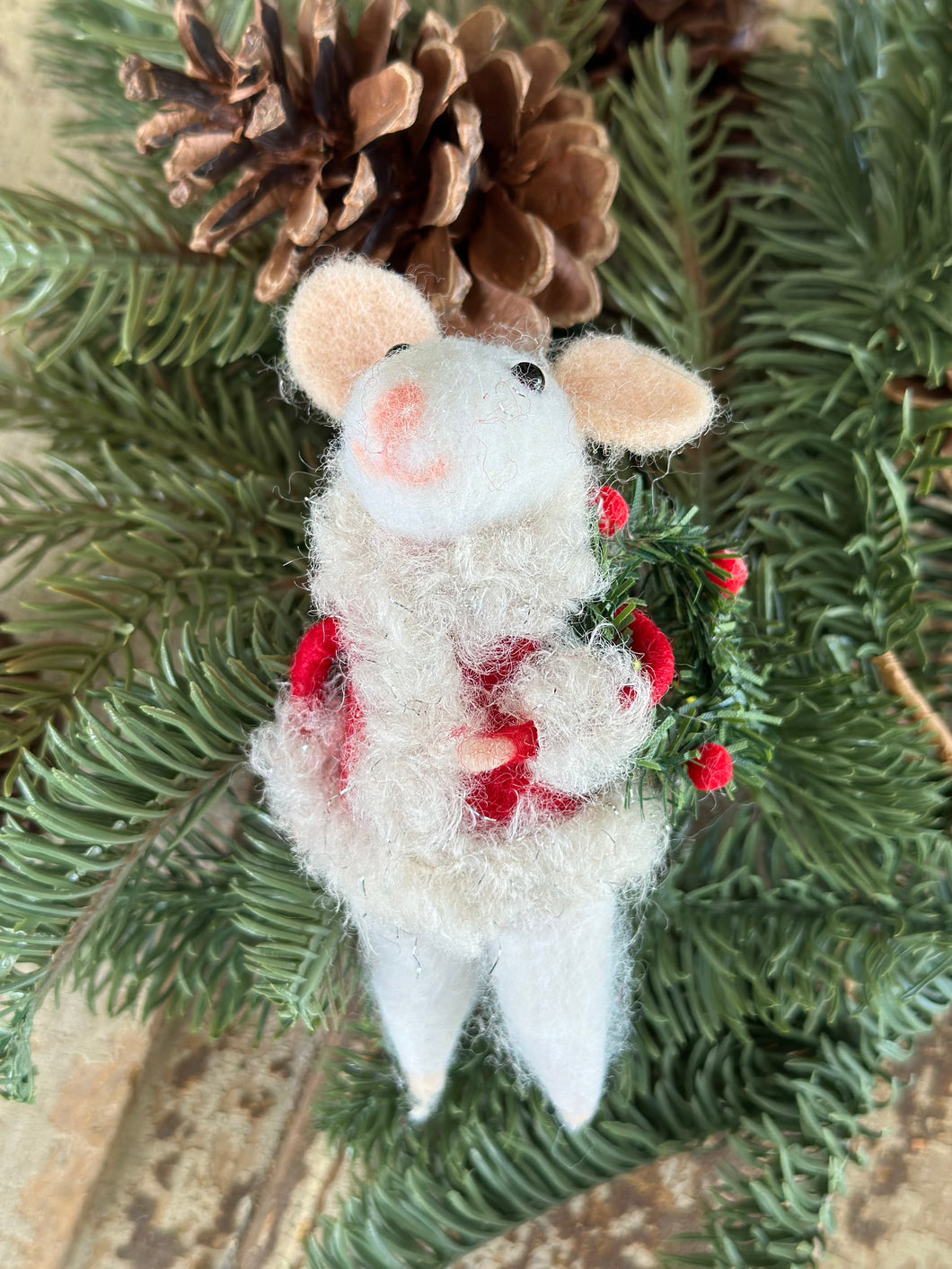Wool Felt Mouse Santa with Wreath