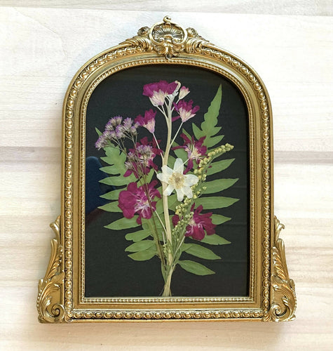 Real Pressed Flower Art in Gold Arch Frame