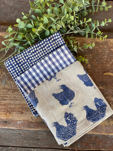 Set of 3 Blueberry Blue Gingham Chicken Tea Towels