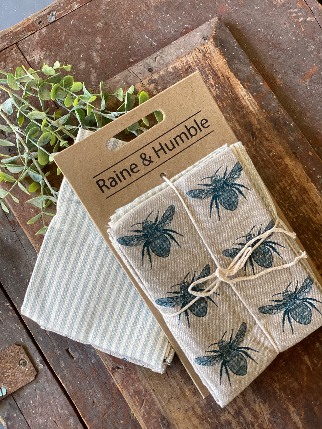Prussian Blue Bumble Bee Stripe Tea Towel Set